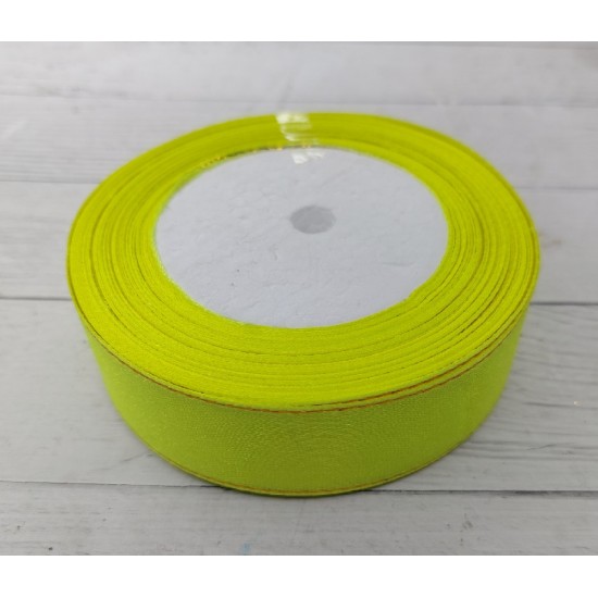 Лента атласная с люрексом (серебро) 25 мм*25 ярдов цв. люминесцентный желтый, цена за 5 м